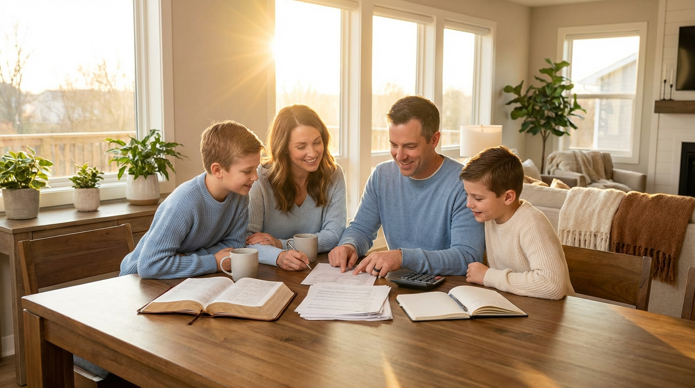 Família planejando finanças com paz e propósito